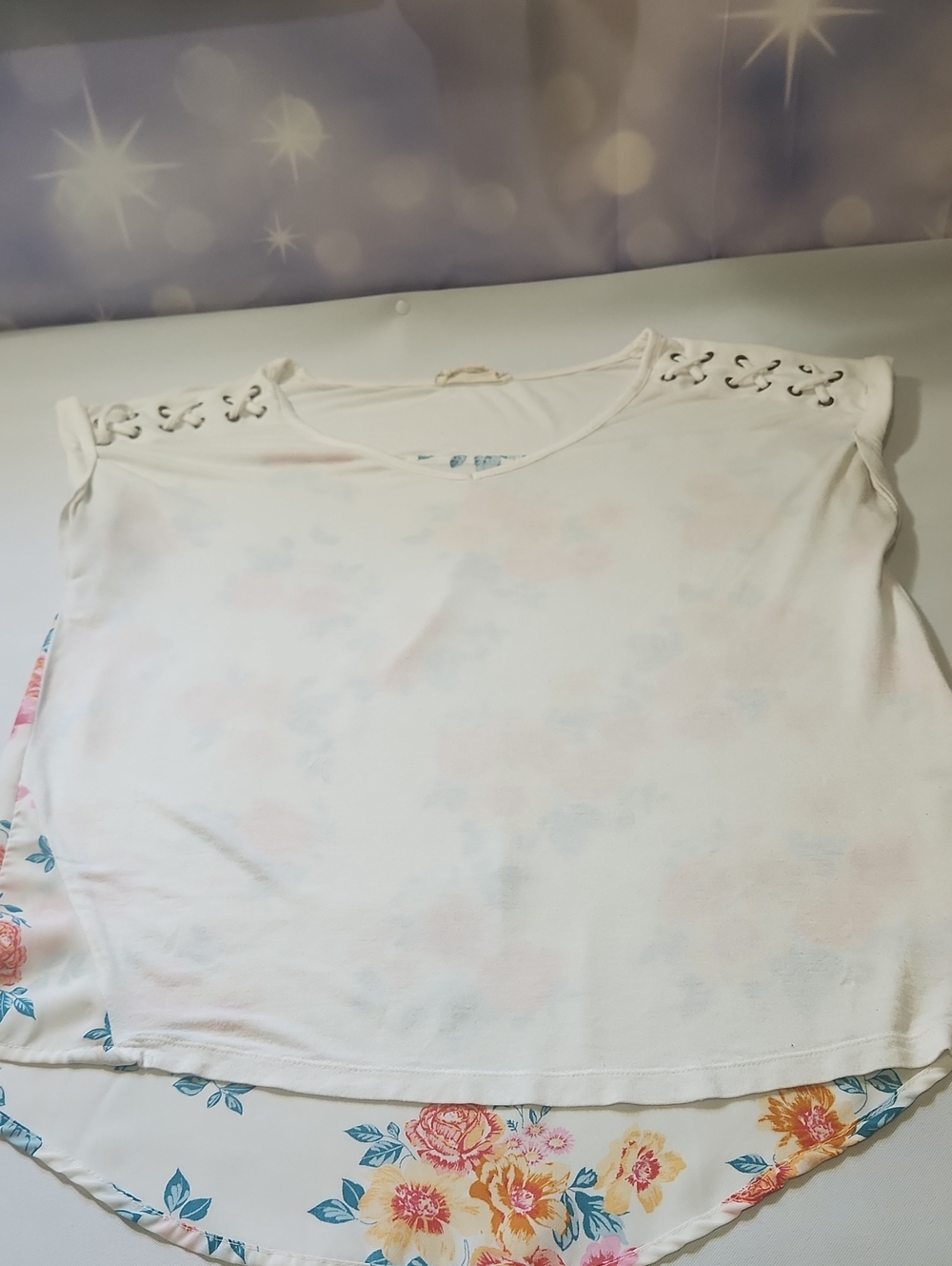 Pink Republic White Floral-Back Lace-Up Shoulder Blouse